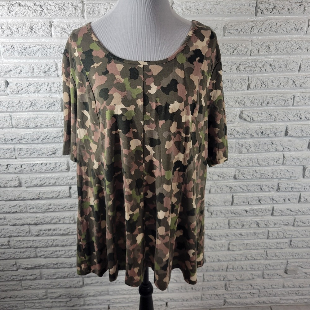 Denim & Co Womens 2XP Petite Plus Green Camo Camouflage Jersey Crew Neck Tee Top